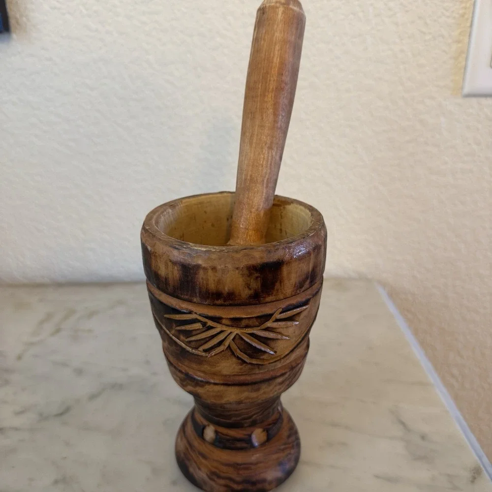 Carved Turned Hard Wood Mortar and Pestle From Brazil